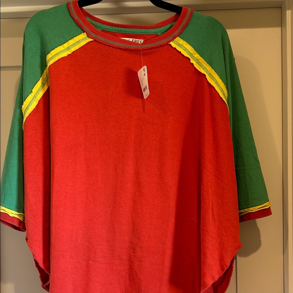 Free People Colorful Red and Green Tee with Yellow Accents
